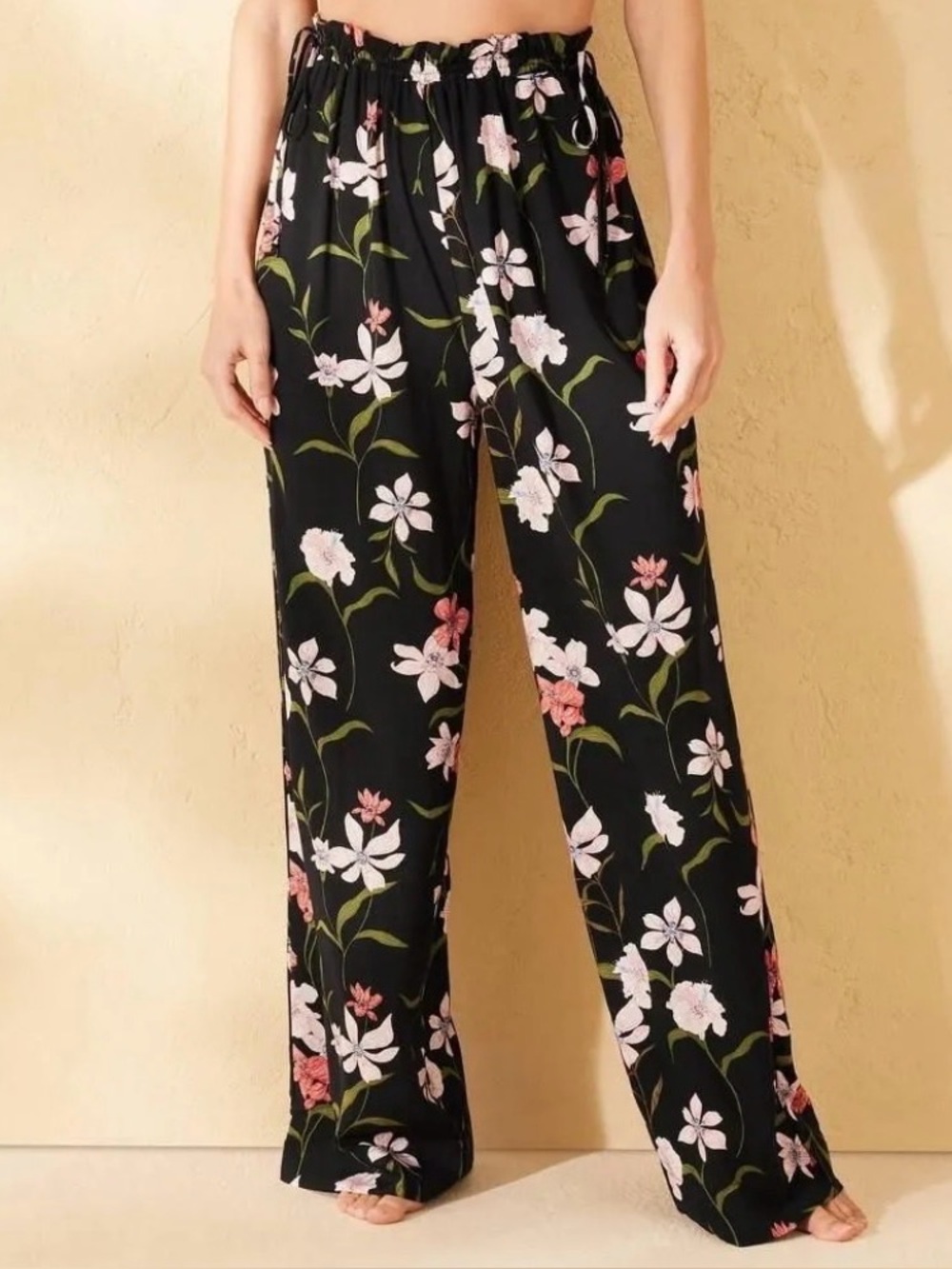 Shade & Shore Wide-Leg Floral Print Pants - Black with Pink & Green Floral
